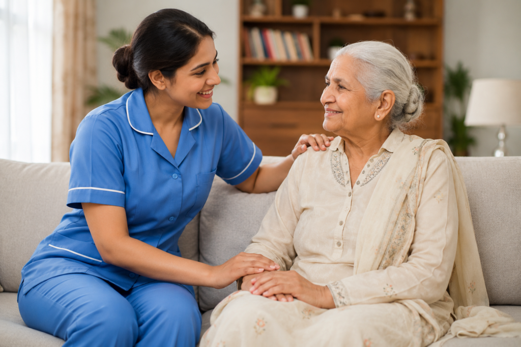 Elder Care Services at Home - Professional Caregiver Assisting Senior Citizen
